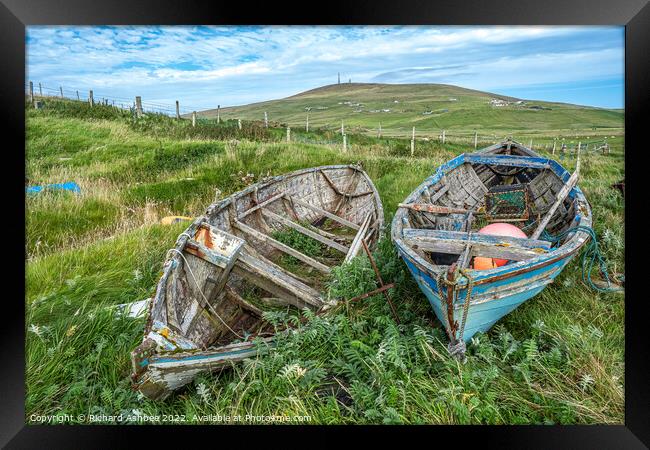 Old decaying Shetland fishing boats Framed Print by Richard Ashbee