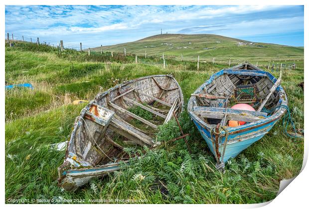Old decaying Shetland fishing boats Print by Richard Ashbee