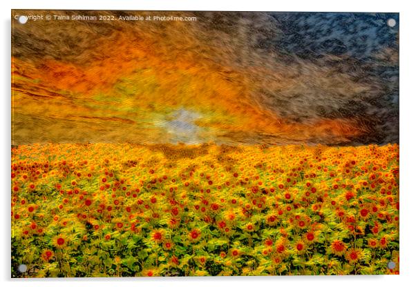 Fiery Sunrise over Sunflower Field  Acrylic by Taina Sohlman