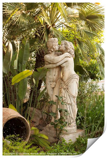 Statue of Lovers Kissing in Garden Print by Christine Kerioak