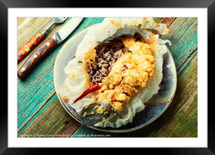 Fried sea bass with wild rice. Framed Mounted Print by Mykola Lunov Mykola
