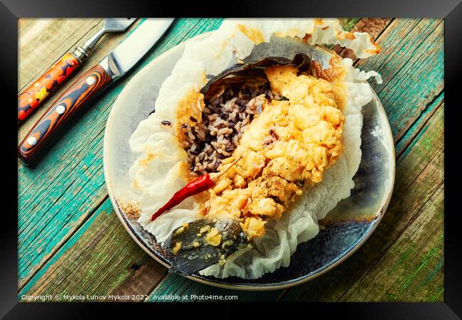 Fried sea bass with wild rice. Framed Print by Mykola Lunov Mykola