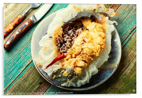 Fried sea bass with wild rice. Acrylic by Mykola Lunov Mykola