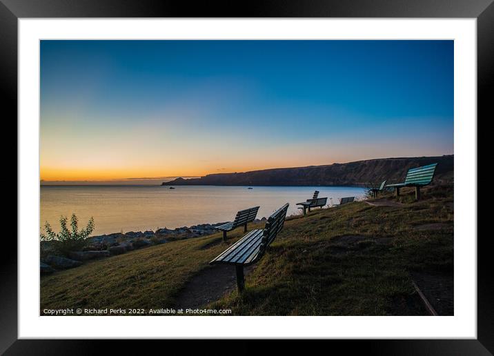 Cliff top Benches at Runswick Bay Framed Mounted Print by Richard Perks