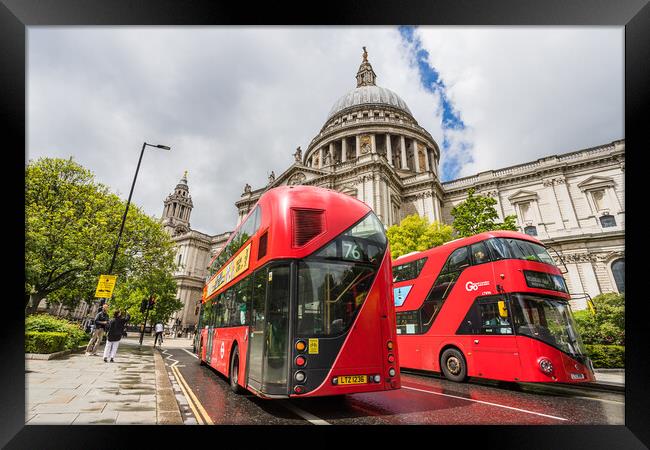 London buses in front of St Pauls Cathedral Framed Print by Jason Wells