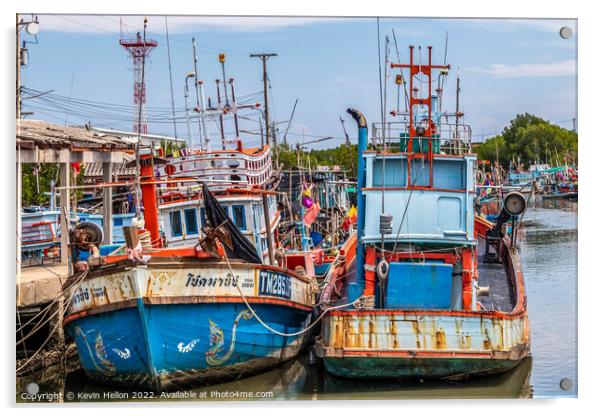 Thai fishing boats in harbour Acrylic by Kevin Hellon