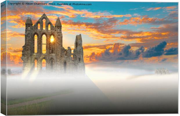 Evening Mist at Whitby Abbey  Canvas Print by Alison Chambers