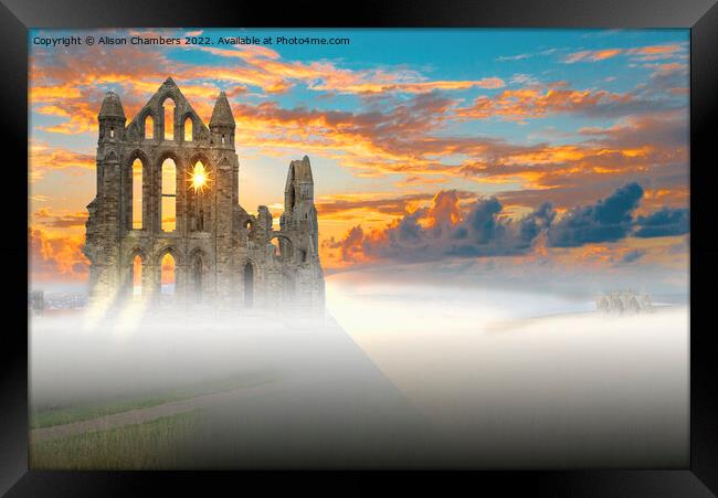 Evening Mist at Whitby Abbey  Framed Print by Alison Chambers