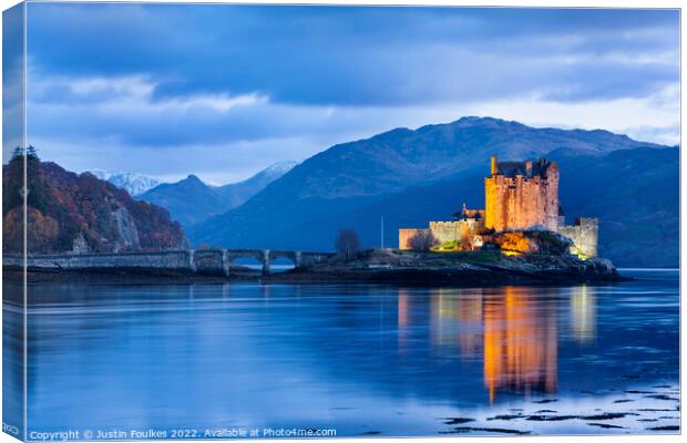 Eilean Donan Castle at night, Scottish Highlands Canvas Print by Justin Foulkes
