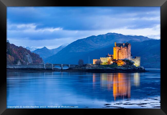 Eilean Donan Castle at night, Scottish Highlands Framed Print by Justin Foulkes