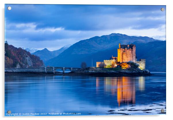 Eilean Donan Castle at night, Scottish Highlands Acrylic by Justin Foulkes