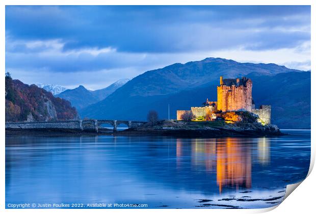 Eilean Donan Castle at night, Scottish Highlands Print by Justin Foulkes