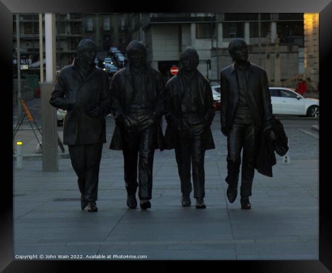 Pier head Beatles Statues Liverpool Framed Print by John Wain