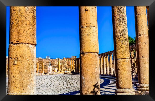 Oval Plaza Columns Ancient Roman City Jerash Jordan Framed Print by William Perry