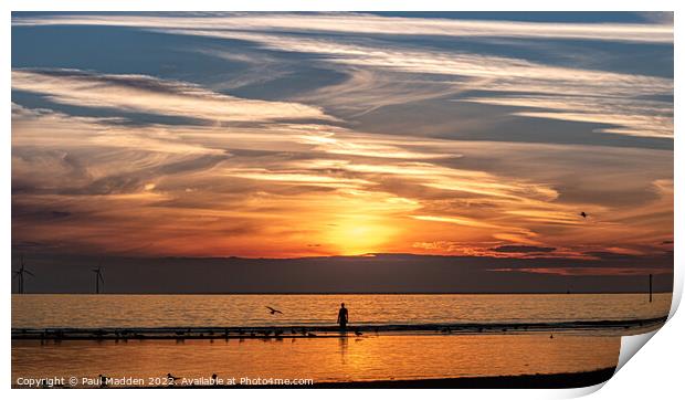 Crosby Beach as the sun sets Print by Paul Madden