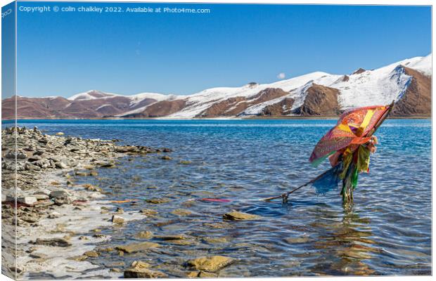 Prayer Flags at Yamdrok Lake, Tibet Canvas Print by colin chalkley