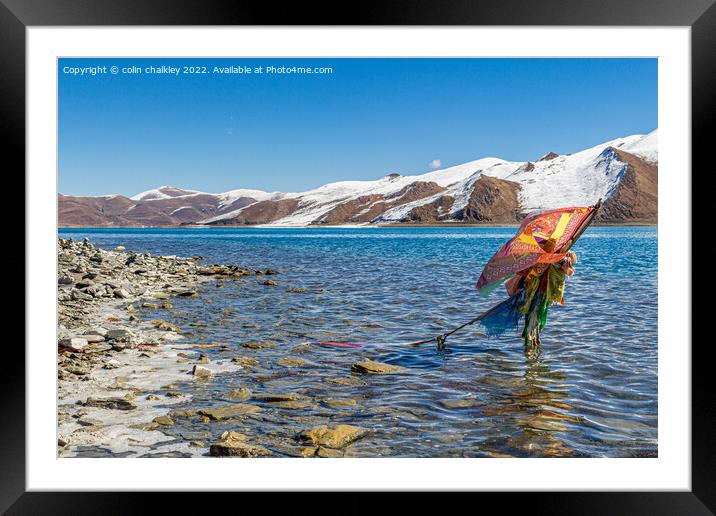 Prayer Flags at Yamdrok Lake, Tibet Framed Mounted Print by colin chalkley