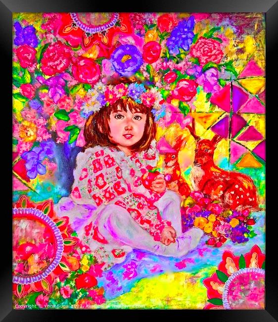 Yumi Sugai.Anna, flowers and animals.  Framed Print by Yumi Sugai