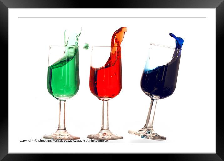 Splashing Green Red and Blue Liqueurs  Framed Mounted Print by Christine Kerioak