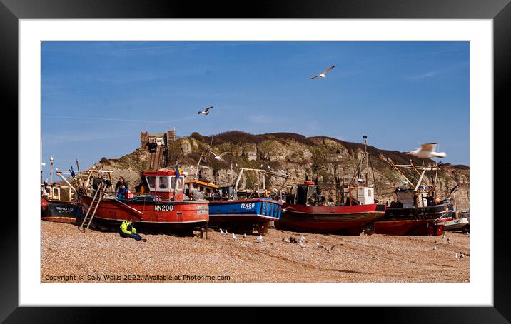 Fishing Boats on Hastings Beach, East Sussex Framed Mounted Print by Sally Wallis