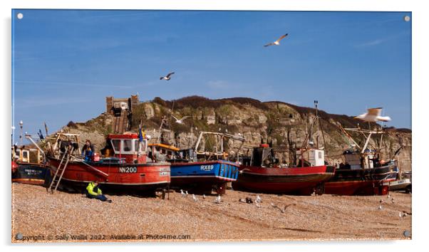 Fishing Boats on Hastings Beach, East Sussex Acrylic by Sally Wallis