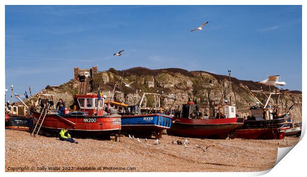 Fishing Boats on Hastings Beach, East Sussex Print by Sally Wallis