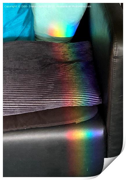 Prisms of rainbow colours over chair & cushion Print by DEE- Diana Cosford