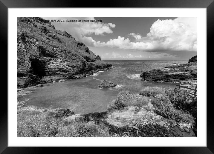 Tintagel Bay monochrome Framed Mounted Print by Graham Moore