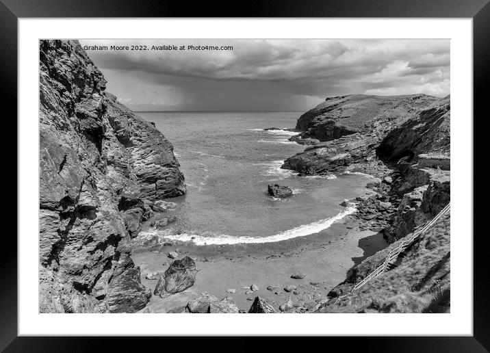 Clearing storm at Tintagel monochrome Framed Mounted Print by Graham Moore
