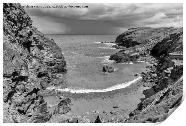 Clearing storm at Tintagel monochrome Print by Graham Moore