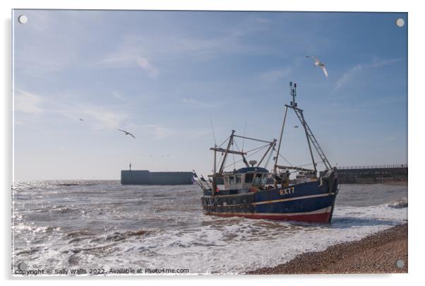 Fishing boat coming towards the shore at Hastings Acrylic by Sally Wallis