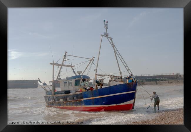 Fishing boat being landed on beach Framed Print by Sally Wallis