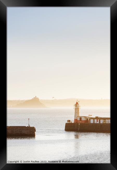 St Michael's Mount from the harbour at Newlyn Framed Print by Justin Foulkes
