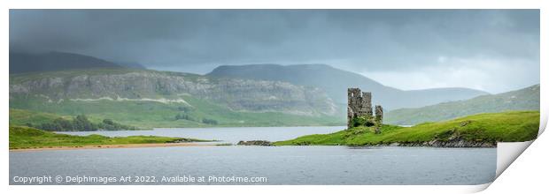 Scotland. Highlands panorama, ruins of Ardvreck ca Print by Delphimages Art