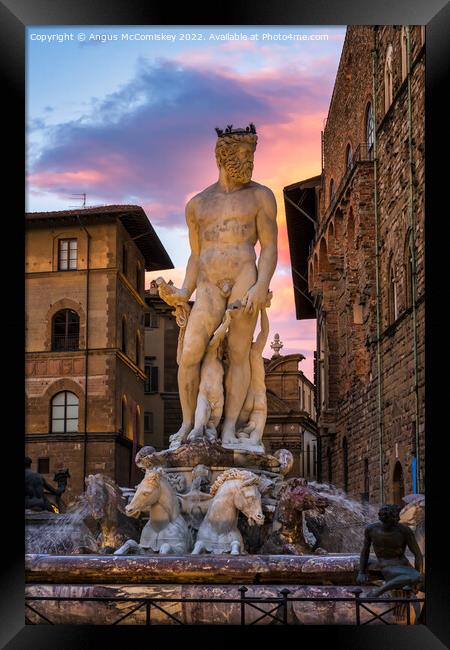 Fountain of Neptune at sunset in Florence, Tuscany Framed Print by Angus McComiskey