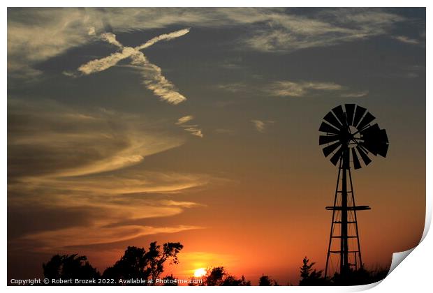 sunset with windmill and sky with cross Print by Robert Brozek