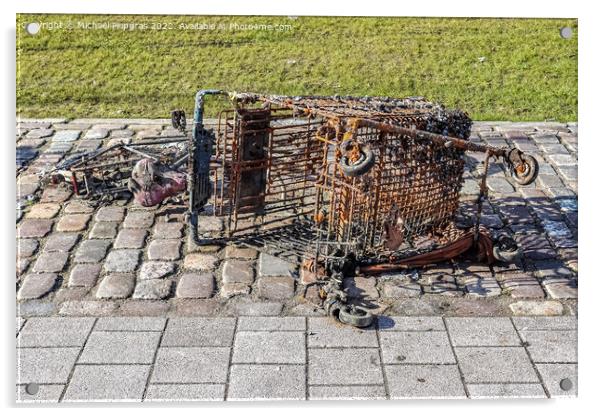 Rusty and damaged shopping cart found in the port of Kiel in Ger Acrylic by Michael Piepgras