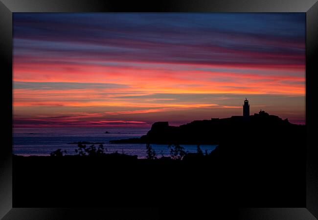 Godrevy Lighthouse,red sky at night Framed Print by kathy white