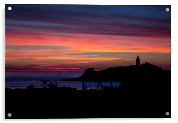 Godrevy Lighthouse,red sky at night Acrylic by kathy white