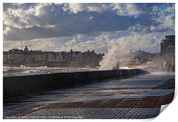 Porthcawl storm hits the promenade South Wales Print by Jenny Hibbert