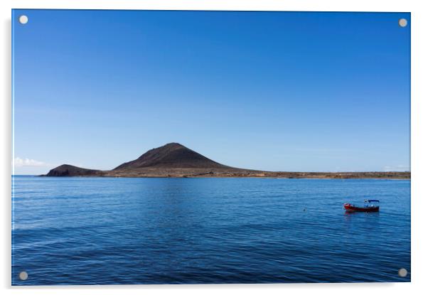 Red boat in the blue sea, El Medano, Tenerife Acrylic by Phil Crean