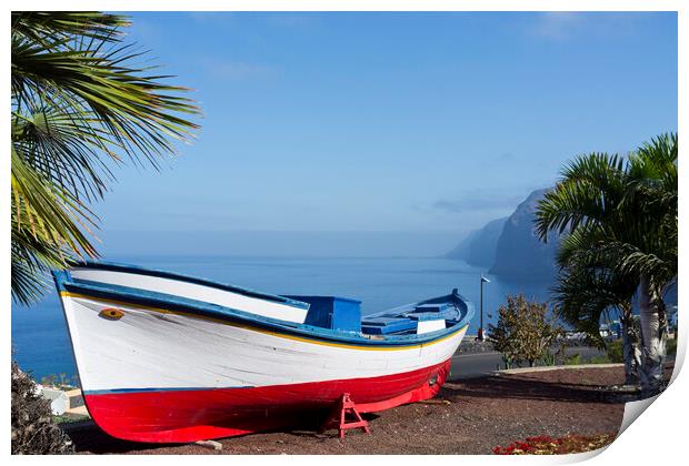 Boat at viewpoint over Los Gigantes, Tenerife Print by Phil Crean