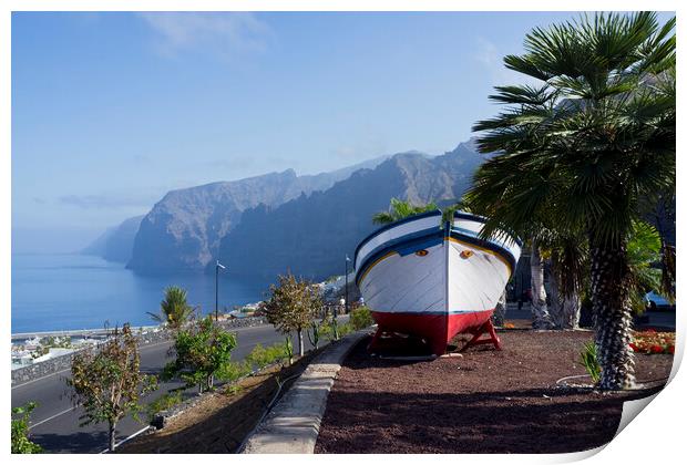 Boat at viewpoint over Los Gigantes, Tenerife Print by Phil Crean