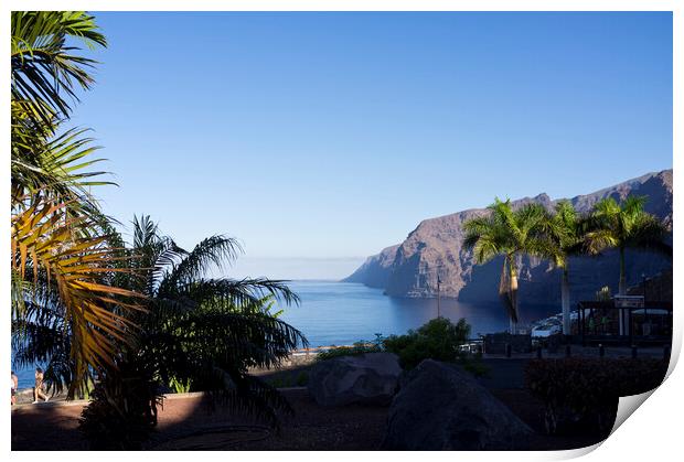 Los Gigantes cliffs and palm trees Tenerife Print by Phil Crean
