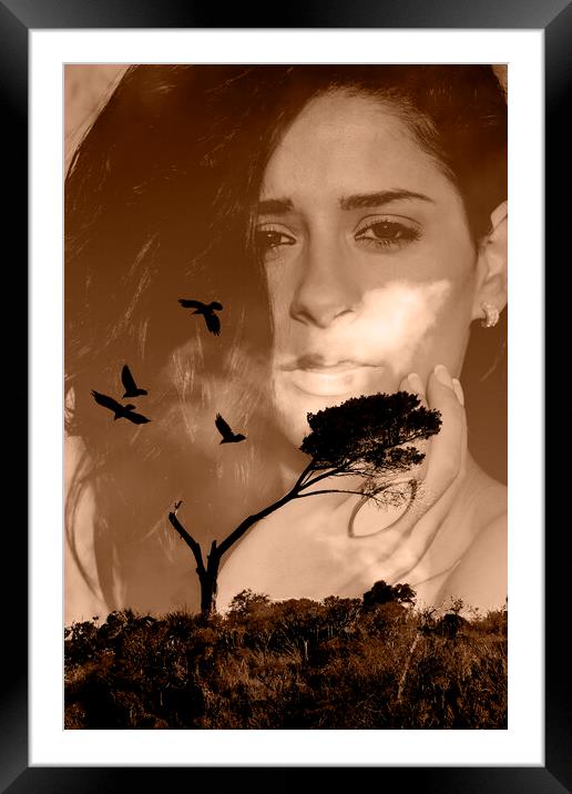 Young woman with tree and birds multiple exposure Framed Mounted Print by Phil Crean