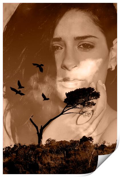 Young woman with tree and birds multiple exposure Print by Phil Crean