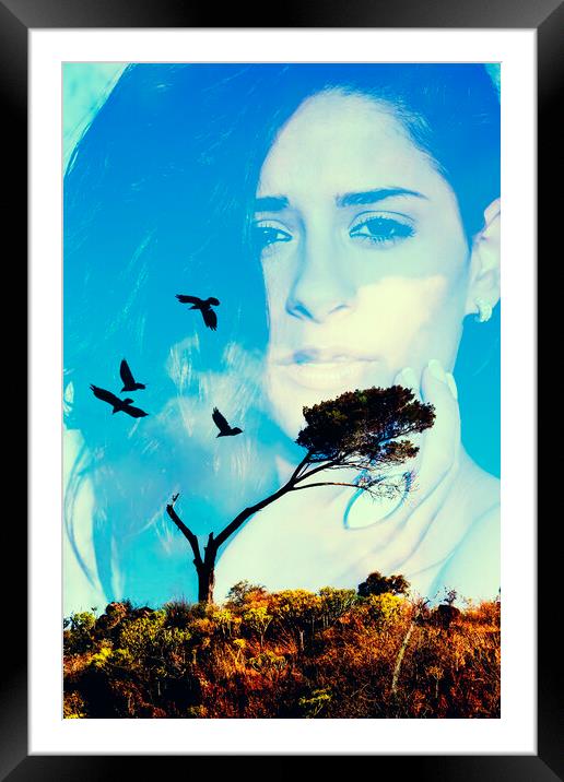 Young woman with tree and birds multiple exposure Framed Mounted Print by Phil Crean
