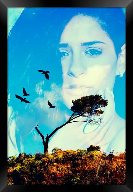 Young woman with tree and birds multiple exposure Framed Print by Phil Crean