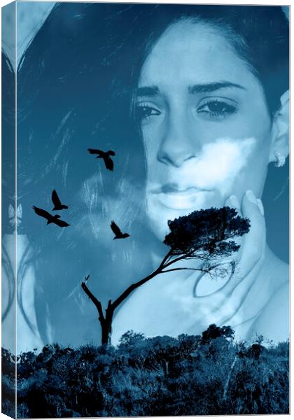 Young woman with tree and birds multiple exposure Canvas Print by Phil Crean