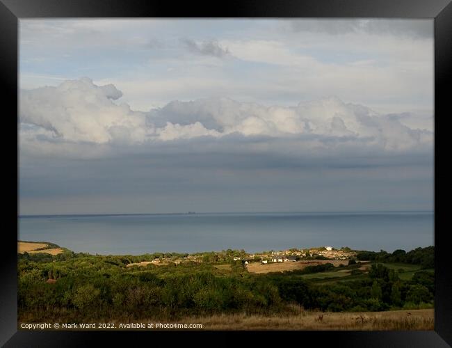 Fairlight village and a distant Dungeness. Framed Print by Mark Ward